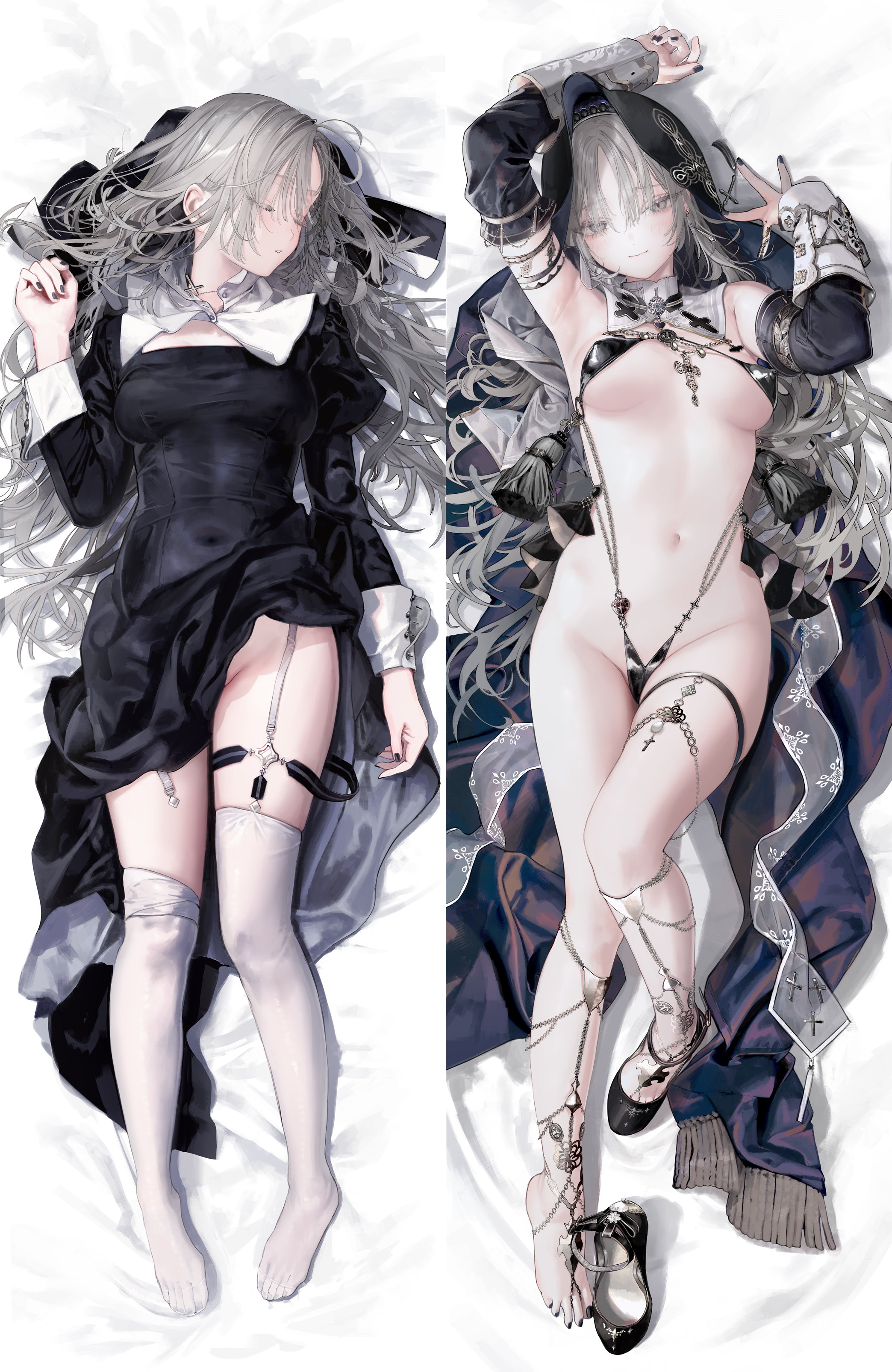ukai saki, original, absurdres, detexted, highres, third-party edit, 1girl, armlet, armpits, arms up, barefoot, bed sheet, bikini, black bikini, black dress, black nails, breasts, cleavage, closed mouth, clothes lift, covered erect nipples, covered navel, cross, dakimakura (medium), detached sleeves, dress, dress lift, feet, garter straps, grey eyes, grey hair, groin, hair spread out, hand up, headdress, high heels, jewelry, juliet sleeves, legs, lingerie, long hair, long sleeves, looking at viewer, lying, medium breasts, micro bikini, mole, nail polish, navel, necklace, nipples, no bra, no panties, no shoes, nun, o-ring, on back, one-piece swimsuit, puffy sleeves, shoes, single shoe, skirt, skirt lift, sleeve cuffs, slingshot swimsuit, swimsuit, thigh strap, thighhighs, thighs, toenail polish, toenails, toes, underwear, unworn shoes, veil, very long hair, white thighhighs