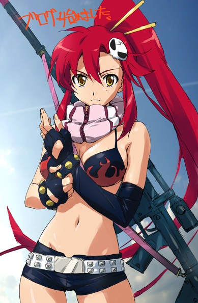 yoko littner, tengen toppa gurren lagann, 00s, bikini, bikini top only, breasts, cleavage, gun, midriff, ponytail, red hair, swimsuit, weapon