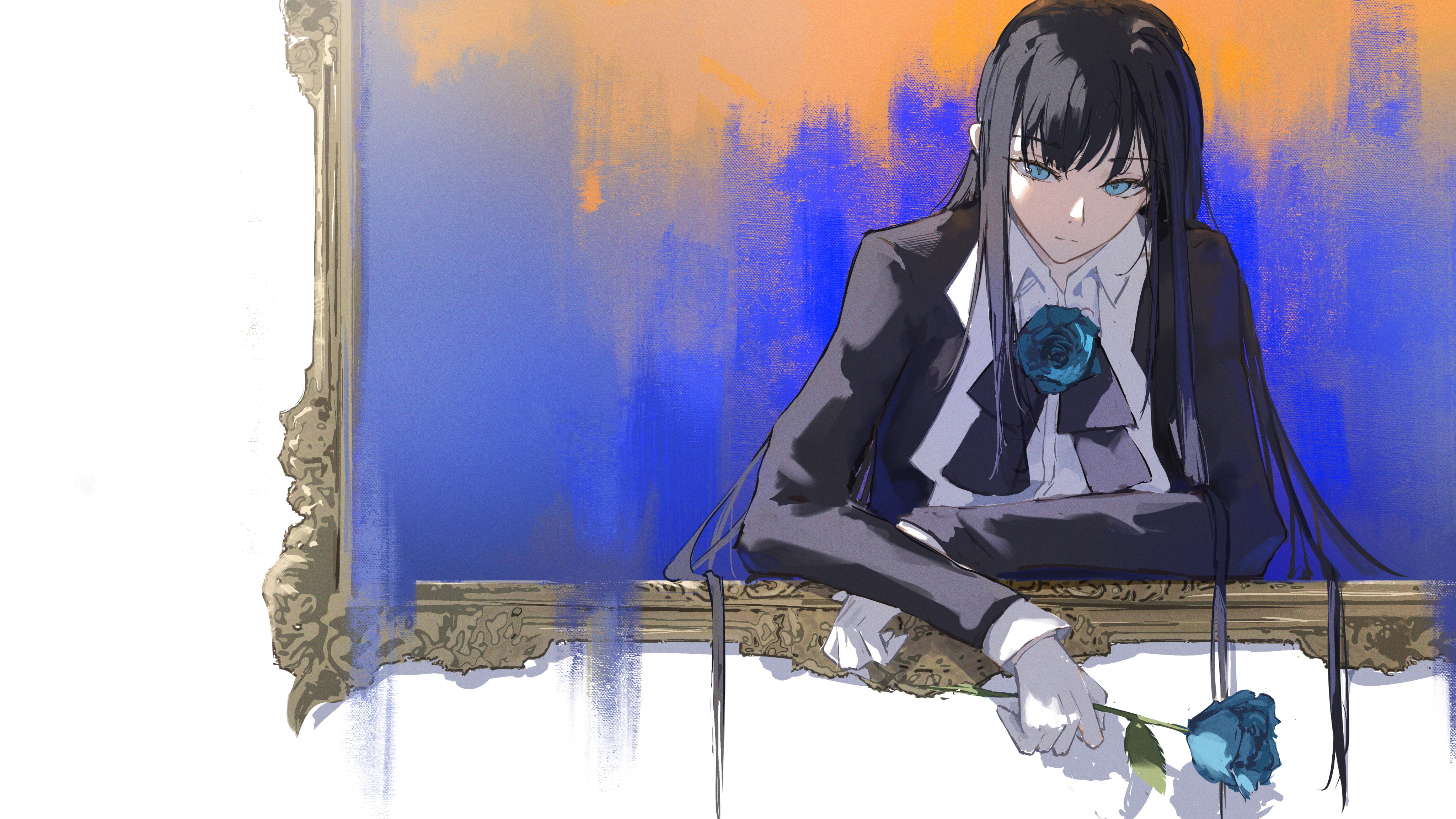 eien 001, chando (ado), ado (utaite), absurdres, commentary request, highres, 1girl, black bow, black bowtie, black hair, blue eyes, blue flower, blue rose, bow, bowtie, brooch, closed mouth, flower, flower brooch, gloves, holding, holding flower, jewelry, long sleeves, picture frame, rose, shirt, sidelocks, solo, utaite, white gloves, white shirt