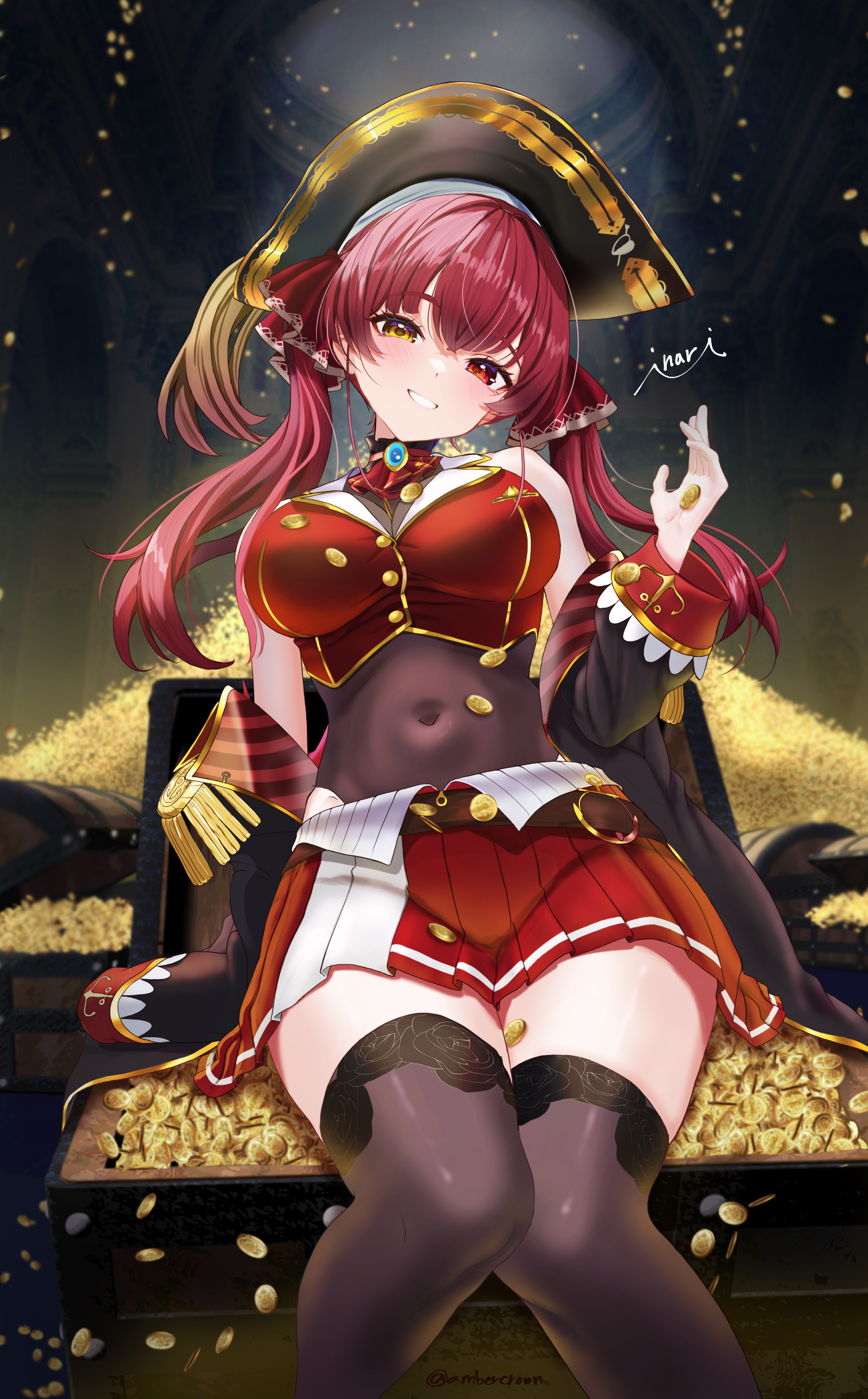inari (ambercrown), houshou marine, houshou marine (1st costume), hololive, commentary request, highres, 1girl, ascot, belt, bicorne, black coat, black hat, black thighhighs, breasts, brown belt, buttons, coat, coin, covered navel, cropped jacket, frilled shirt collar, frills, gold coin, gold trim, grin, hair ribbon, hand up, hat, heterochromia, indoors, jacket, knees together feet apart, lapel pin, large breasts, leather belt, leotard, leotard under clothes, long hair, miniskirt, off shoulder, pirate hat, pleated skirt, red ascot, red eyes, red hair, red jacket, red ribbon, red skirt, ribbon, see-through clothes, see-through leotard, single sleeve past fingers, sitting, skirt, sleeveless, sleeveless jacket, smile, solo, thighhighs, treasure chest, twintails, virtual youtuber, yellow eyes