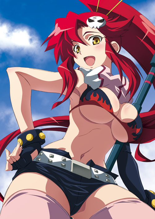 yoko littner, tengen toppa gurren lagann, 00s, bikini, bikini top only, breasts, gun, midriff, ponytail, swimsuit, thighhighs, underboob, weapon, yellow eyes