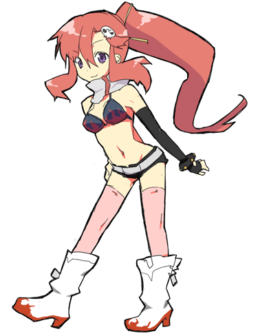 yoko littner, tengen toppa gurren lagann, lowres, 00s, 1girl, asymmetrical gloves, bikini, bikini top only, gloves, midriff, pink hair, ponytail, purple eyes, scarf, short shorts, shorts, swimsuit, thighhighs, uneven gloves
