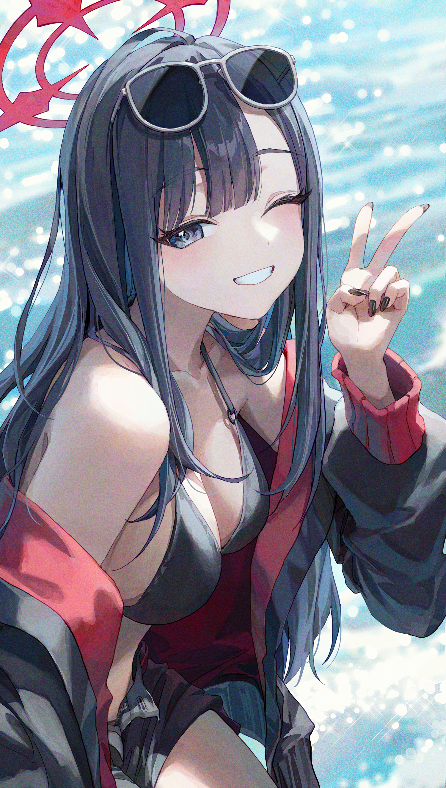 nyamunyamu, ichika (blue archive), ichika (swimsuit) (blue archive), blue archive, absurdres, highres, 1girl, bare shoulders, bikini, black bikini, black hair, black jacket, black shorts, blue eyes, blush, breasts, eyewear on head, grin, halo, jacket, large breasts, long hair, looking at viewer, official alternate costume, one eye closed, open clothes, open shorts, red halo, shorts, sidelocks, smile, solo, sunglasses, swimsuit, v