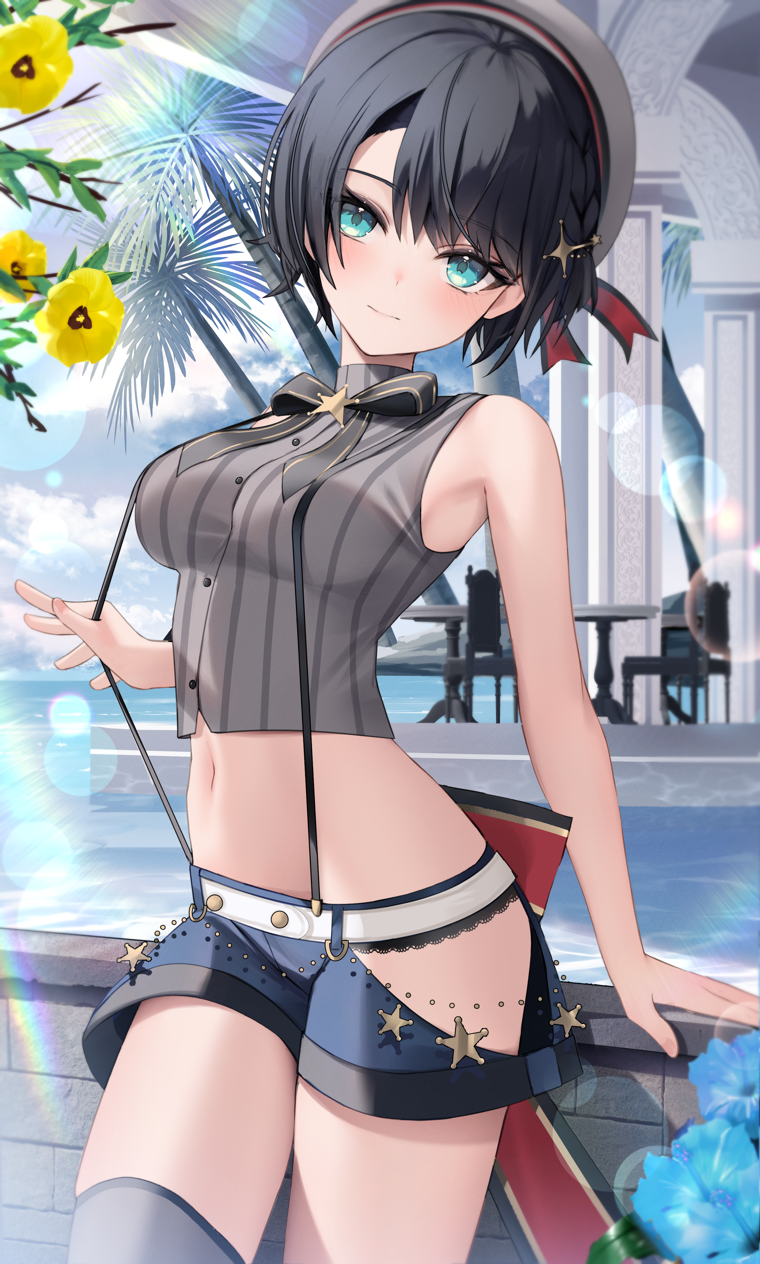 thomas 8000, oozora subaru, oozora subaru (suspenders), hololive, absurdres, commentary, highres, 1girl, aqua eyes, back bow, black bow, black bowtie, black hair, black panties, blue flower, blue shorts, blue sky, bow, bowtie, breasts, brooch, clothing cutout, cloud, cropped shirt, day, flower, grey hat, grey shirt, hat, hip vent, jewelry, lace, lace-trimmed panties, lace trim, large bow, looking at viewer, medium breasts, midriff, navel, ocean, official alternate costume, panties, panty peek, pinstripe pattern, pinstripe shirt, sailor hat, shirt, short hair, shorts, sky, sleeveless, sleeveless shirt, solo, star brooch, suspenders, swept bangs, underwear, virtual youtuber