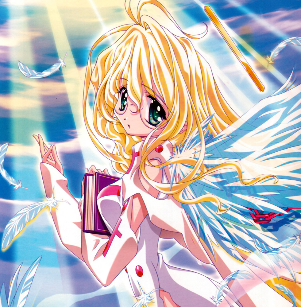 sugiyama genshou, angel, blonde hair, glasses, green eyes, long hair, wings