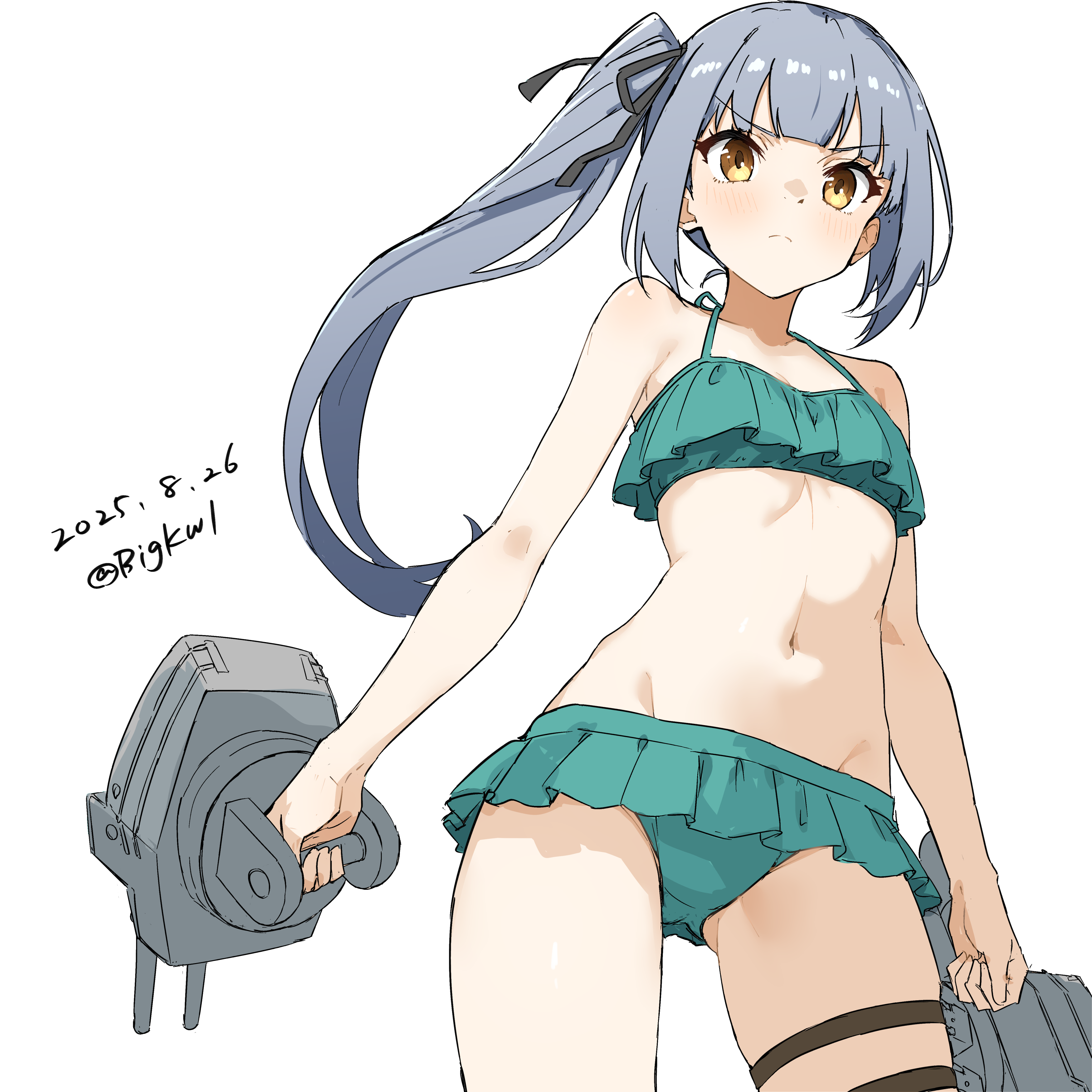 bigkwl, kasumi (kancolle), kasumi kai ni (kancolle), kasumi kai ni (swimsuit) (kancolle), kantai collection, absurdres, highres, 1girl, adapted turret, bikini, bikini skirt, blush, breasts, brown eyes, cannon, collarbone, cowboy shot, frilled bikini, frills, green bikini, grey hair, hair ribbon, long hair, looking at viewer, machinery, navel, ribbon, ship turret, side ponytail, simple background, small breasts, solo, swimsuit, torpedo, torpedo launcher, torpedo tubes, white background
