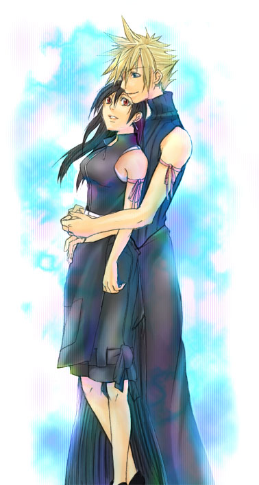 cloud strife, tifa lockhart, final fantasy, final fantasy vii, 1990s (style), 1boy, 1girl, black hair, blonde hair, blue eyes, brown eyes, couple, hetero, hug, ribbon, spiked hair, turtleneck