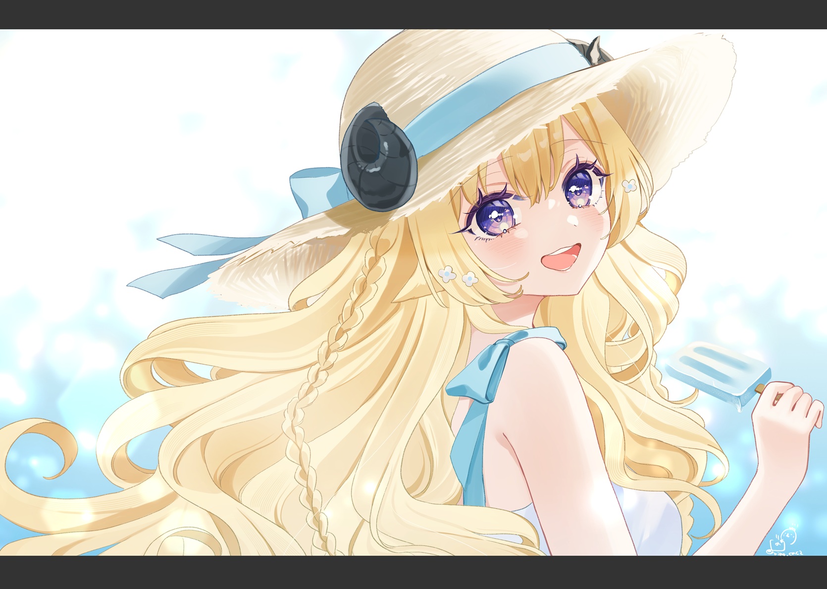 rino cnc, tsunomaki watame, hololive, commentary request, highres, 1girl, animal ears, blonde hair, braid, food, from side, hat, holding, horns, letterboxed, long hair, looking at viewer, looking to the side, purple eyes, sheep ears, sheep girl, sheep horns, solo, straw hat