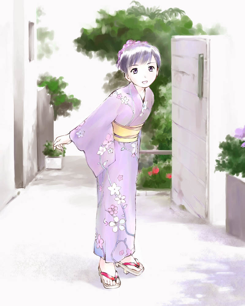 yoshizuki kumichi, 1girl, female focus, floral print, floral print kimono, japanese clothes, kimono, print kimono, sandals, solo, yukata