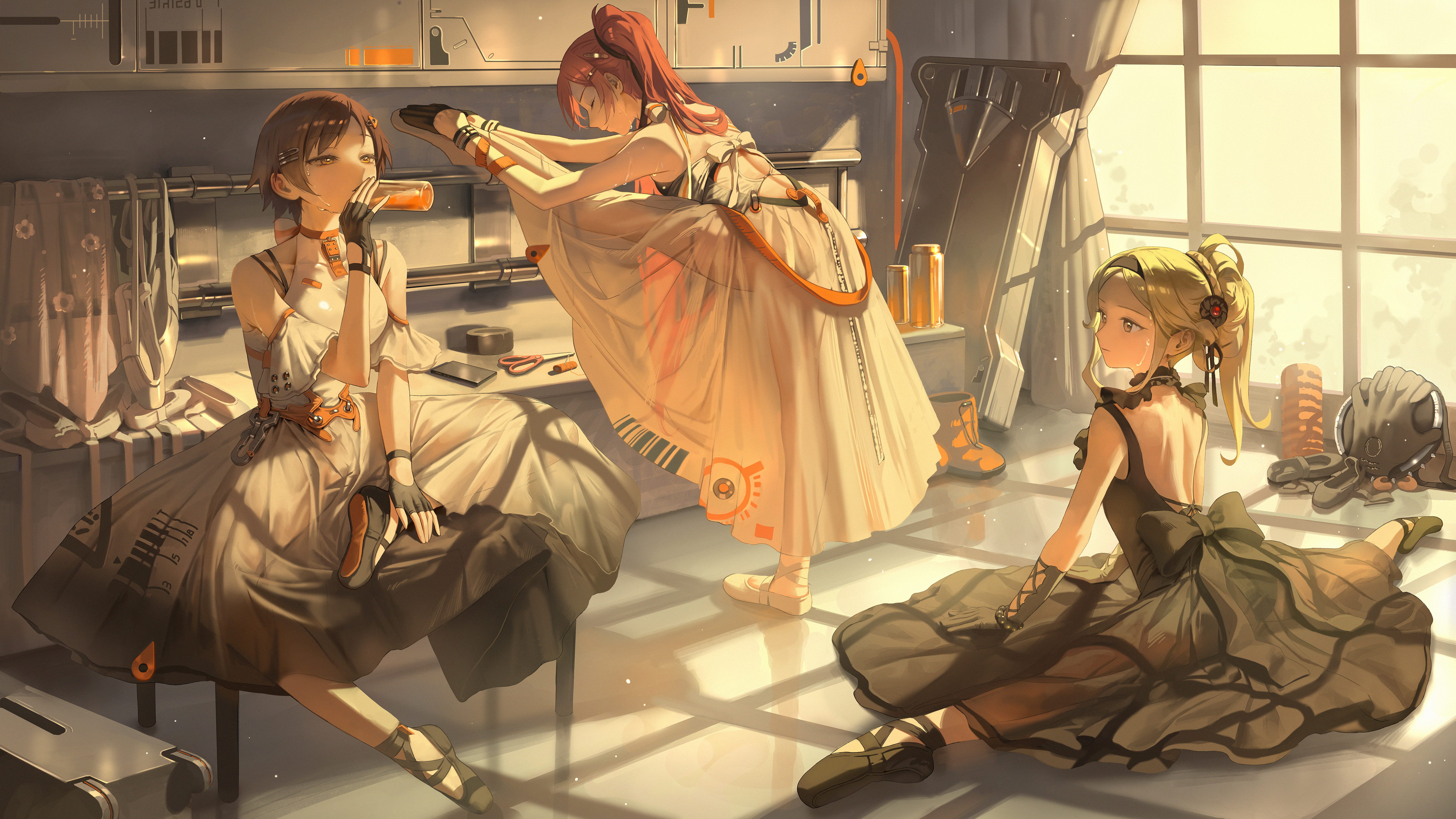 bangsom, qianqiu (xinyue tongxing), xinyue tongxing, absurdres, character request, commentary, highres, 3girls, ballerina, ballet, ballet slippers, bare shoulders, barre, black dress, black gloves, black leotard, blonde hair, breasts, brown eyes, brown hair, closed eyes, closed mouth, dance studio, dress, drinking, fingerless gloves, footwear ribbon, gloves, hair ornament, hairband, indoors, leotard, long hair, medium breasts, multiple girls, orange hair, pantyhose, ponytail, short hair, side sitting split, sitting, sitting split, split, stretching, sweat, sweatdrop, tutu, white dress, white leotard