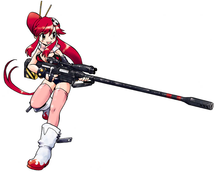 hayami rasenjin, yoko littner, tengen toppa gurren lagann, md5 mismatch, resolution mismatch, source smaller, 00s, 1girl, bikini, bikini top only, breasts, cleavage, female focus, gun, ponytail, red hair, rifle, smile, solo, swimsuit, thighhighs, weapon