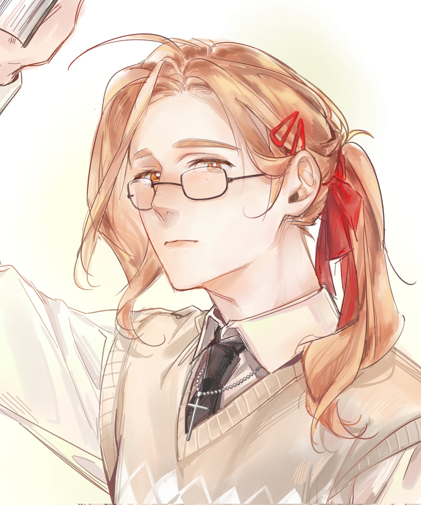 sydney (degrees of lewdity), sydney (male) (degrees of lewdity), degrees of lewdity, highres, 1boy, bane meni0512, black necktie, brown eyes, brown hair, brown sweater vest, collared shirt, cross, cross necklace, glasses, jewelry, long hair, looking at viewer, necklace, necktie, ponytail, shirt, solo, sweater vest, upper body, white shirt