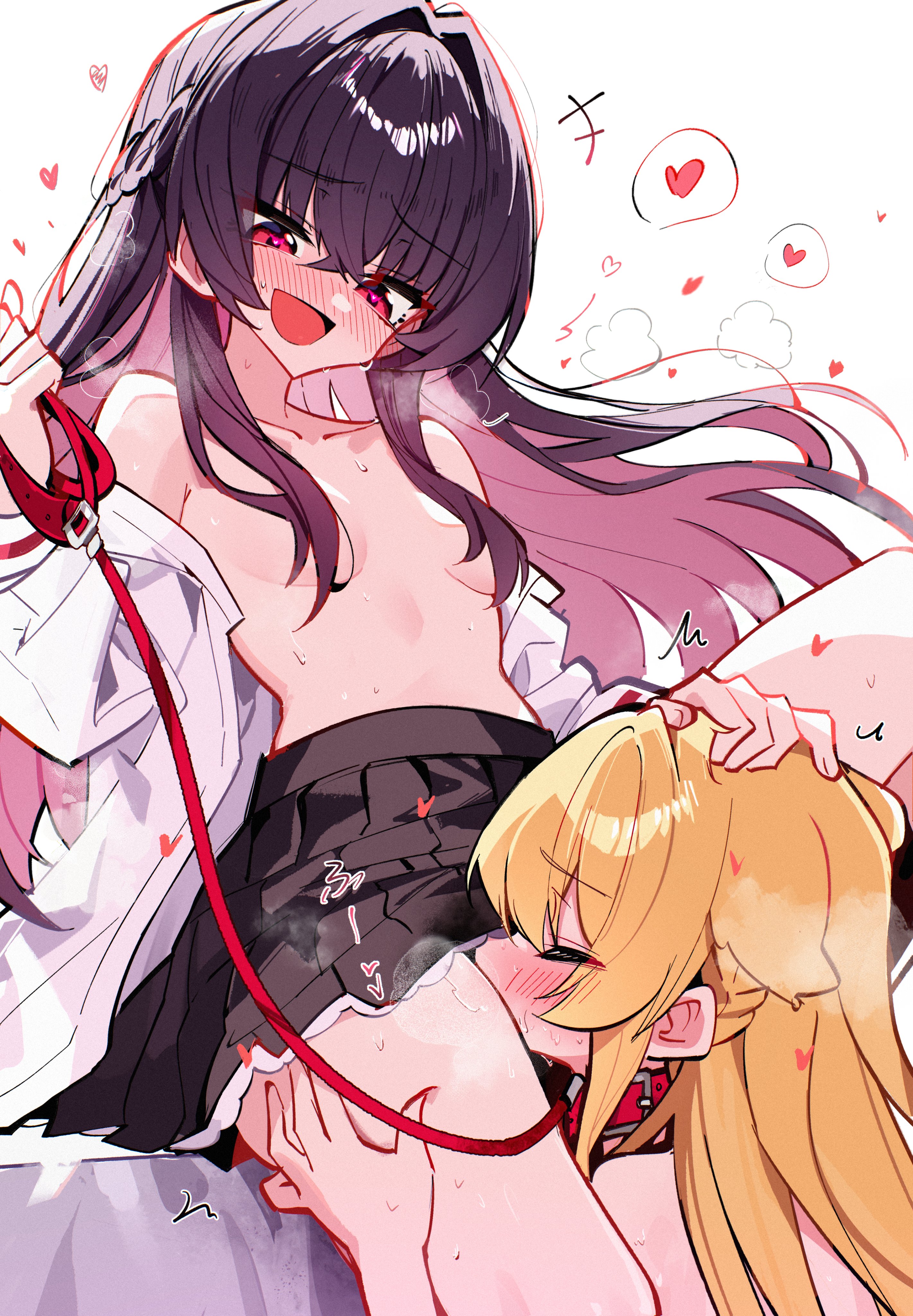 zhanzhangzlw, koto satsuki, ouzuka mai, watashi ga koibito ni nareru wake naijan murimuri!, absurdres, commentary, highres, symbol-only commentary, 2girls, ashigaya high school uniform, black hair, black skirt, blush, braid, breasts, closed eyes, collar, convenient censoring, cunnilingus, hair between eyes, hair intakes, half up braid, hand on another's head, heart, holding, holding leash, kemonomimi mode, leash, multiple girls, nape braid, open clothes, open mouth, open shirt, oral, pink eyes, red collar, school uniform, shirt, skirt, small breasts, white shirt, yuri