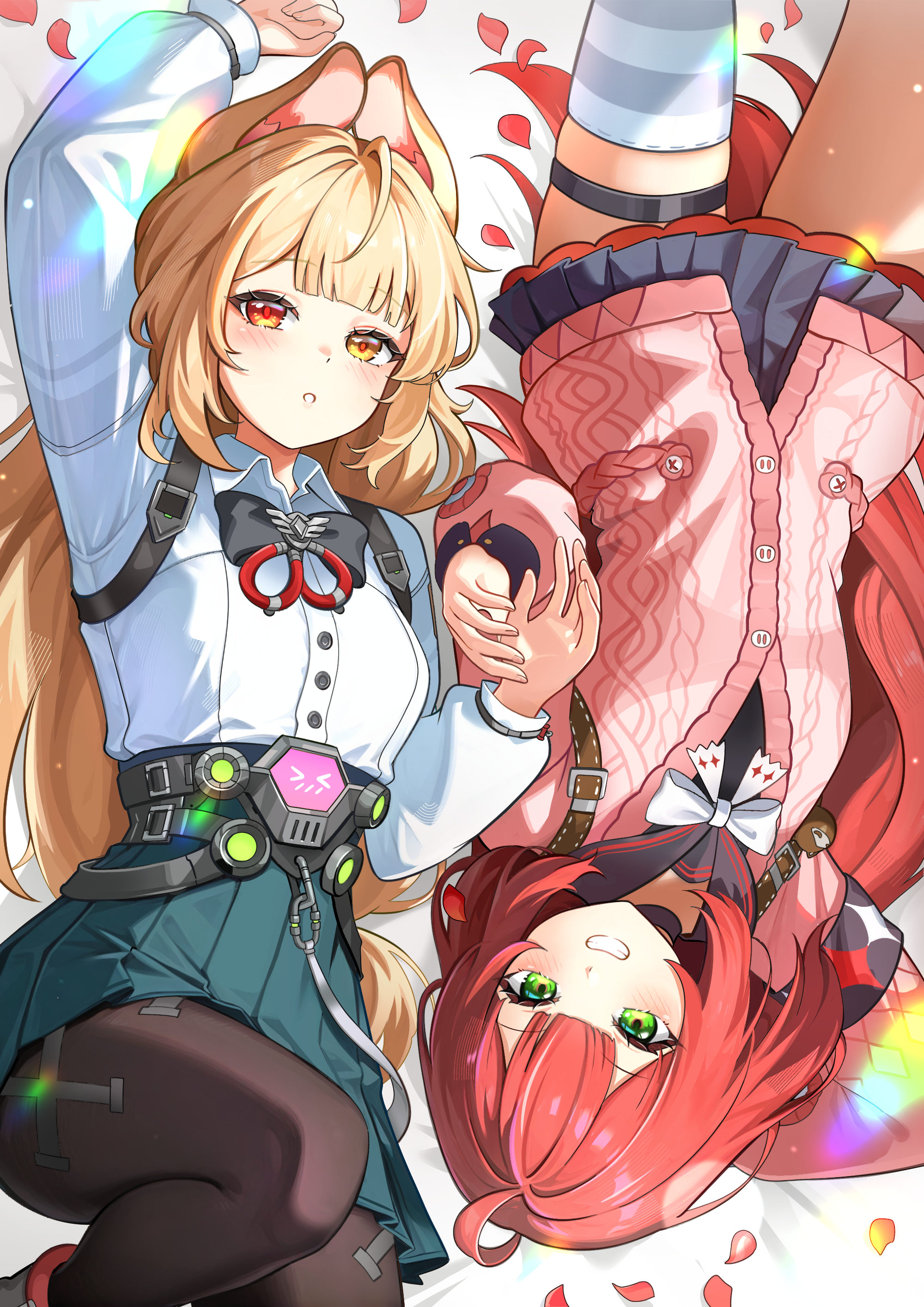 aviary, alice thymefield, ukinami yuzuha, zenless zone zero, braided twintails, absurdres, commentary, highres, md5 mismatch, 2girls, animal ears, black pantyhose, black sailor collar, blonde hair, blush, bow, braid, cardigan, chest bow, choker, from above, green eyes, grin, hearing aid, heterochromia, holding hands, long hair, looking at viewer, low twin braids, low twintails, lying, multiple girls, on back, open mouth, pantyhose, pink cardigan, pleated skirt, rabbit ears, rabbit girl, red eyes, red hair, sailor collar, shirt, single thighhigh, skirt, smile, sphere hair ornament, striped clothes, striped thighhighs, teeth, thigh strap, thighhighs, twin braids, twintails, very long hair, white bow, white shirt, yellow eyes, yuri