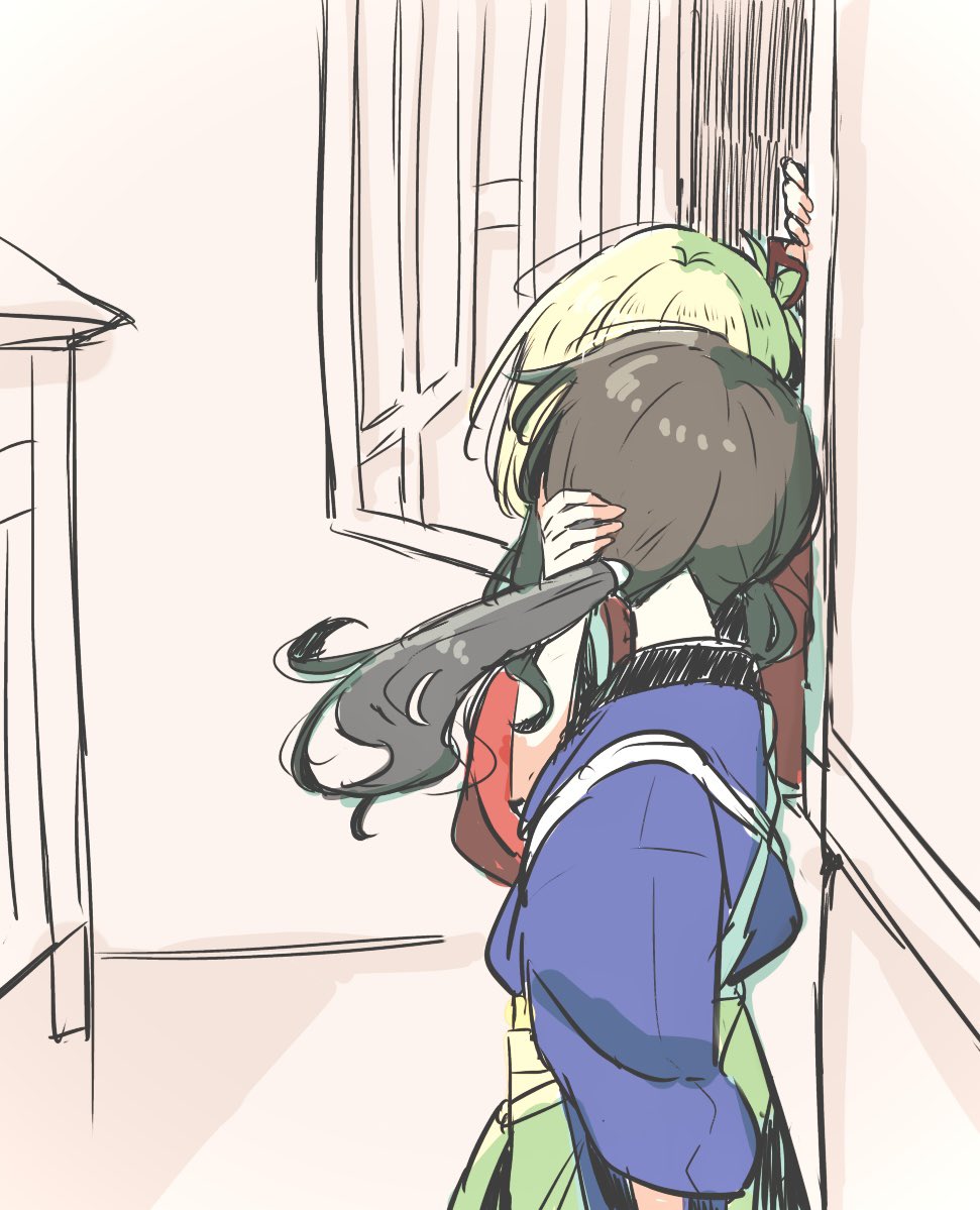 sakurada en, inoue takina, nishikigi chisato, lycoris recoil, commentary request, 2girls, black hair, blonde hair, blue kimono, hand on another's head, japanese clothes, kimono, kiss, long hair, multiple girls, short hair, tasuki, twintails, yuri