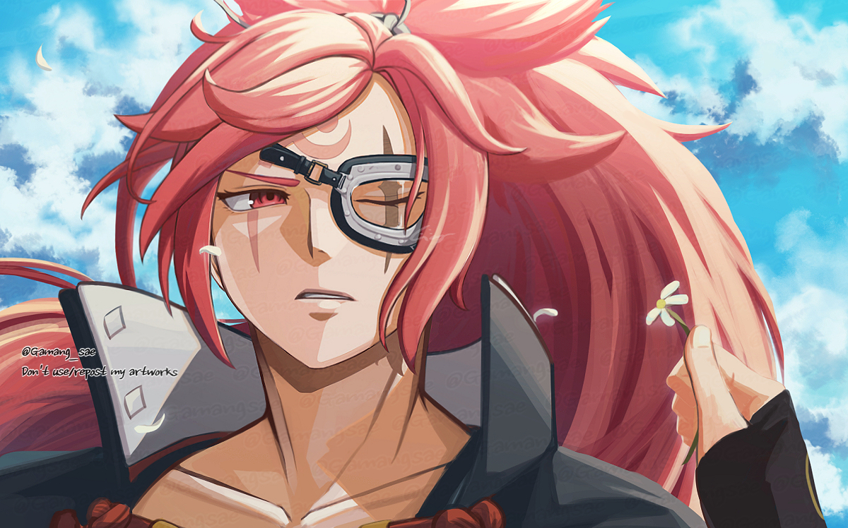 gamang sae8, baiken, mito anji, guilty gear, guilty gear strive, commentary, symbol-only commentary, 1boy, 1girl, artist name, blue sky, cloud, cloudy sky, collarbone, eyepatch, flower, hetero, long hair, one eye closed, parted lips, pink eyes, pink hair, ponytail, scar, scar across eye, scar on face, sky, twitter username, white flower