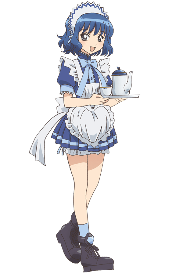 ishino satoshi, aizawa mint, tokyo mew mew, tokyo mew mew new, official art, 1girl, :d, anime coloring, apron, blue bow, blue hair, blue shirt, blue skirt, blue socks, blush, boots, bow, bowtie, breasts, collared shirt, cup, frilled apron, frills, full body, grey boots, holding, holding tray, looking at viewer, maid headdress, open mouth, pleated skirt, puffy short sleeves, puffy sleeves, shirt, short hair, short sleeves, simple background, skirt, smile, socks, solo, standing, teapot, thighs, transparent background, tray, waitress, wavy hair, white apron