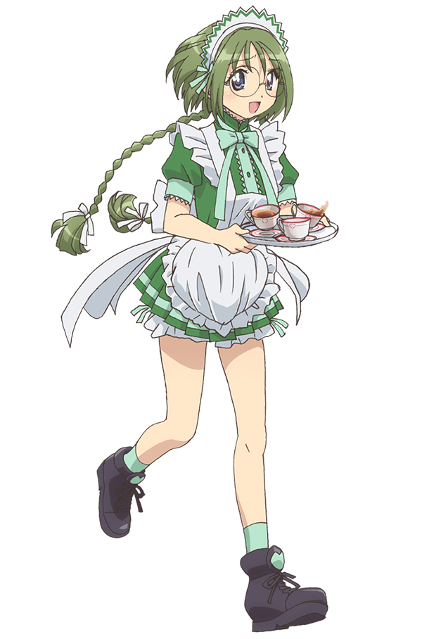 ishino satoshi, midorikawa lettuce, tokyo mew mew, tokyo mew mew new, official art, 1girl, :d, anime coloring, apron, black tea, blush, bow, bowtie, braid, breasts, collared shirt, cup, frilled apron, frills, full body, glasses, green bow, green hair, green shirt, green skirt, green socks, grey eyes, grey shoes, holding, holding tray, long hair, looking at viewer, miniskirt, open mouth, pleated skirt, puffy short sleeves, puffy sleeves, shirt, shoes, short sleeves, simple background, skirt, smile, socks, solo, standing, tea, transparent background, tray, twin braids, waitress, white apron