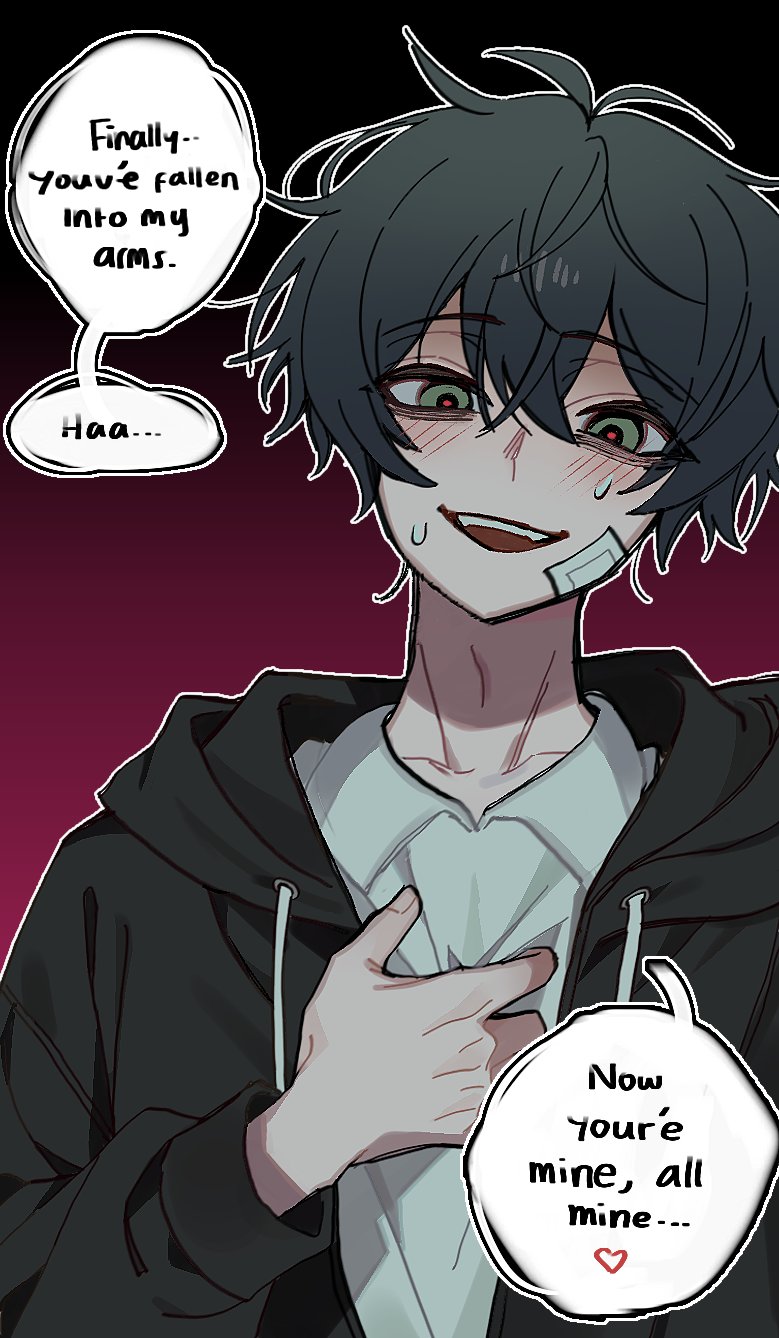 kylar (degrees of lewdity), kylar (male) (degrees of lewdity), degrees of lewdity, highres, 1boy, black background, black hair, black hoodie, blush, collared shirt, english text, gradient background, green eyes, hood, hoodie, open clothes, open hoodie, open mouth, purple background, shirt, short hair, solo, speech bubble, sweat, teeth, two-tone background, upper body, upper teeth only, white shirt, yoijc