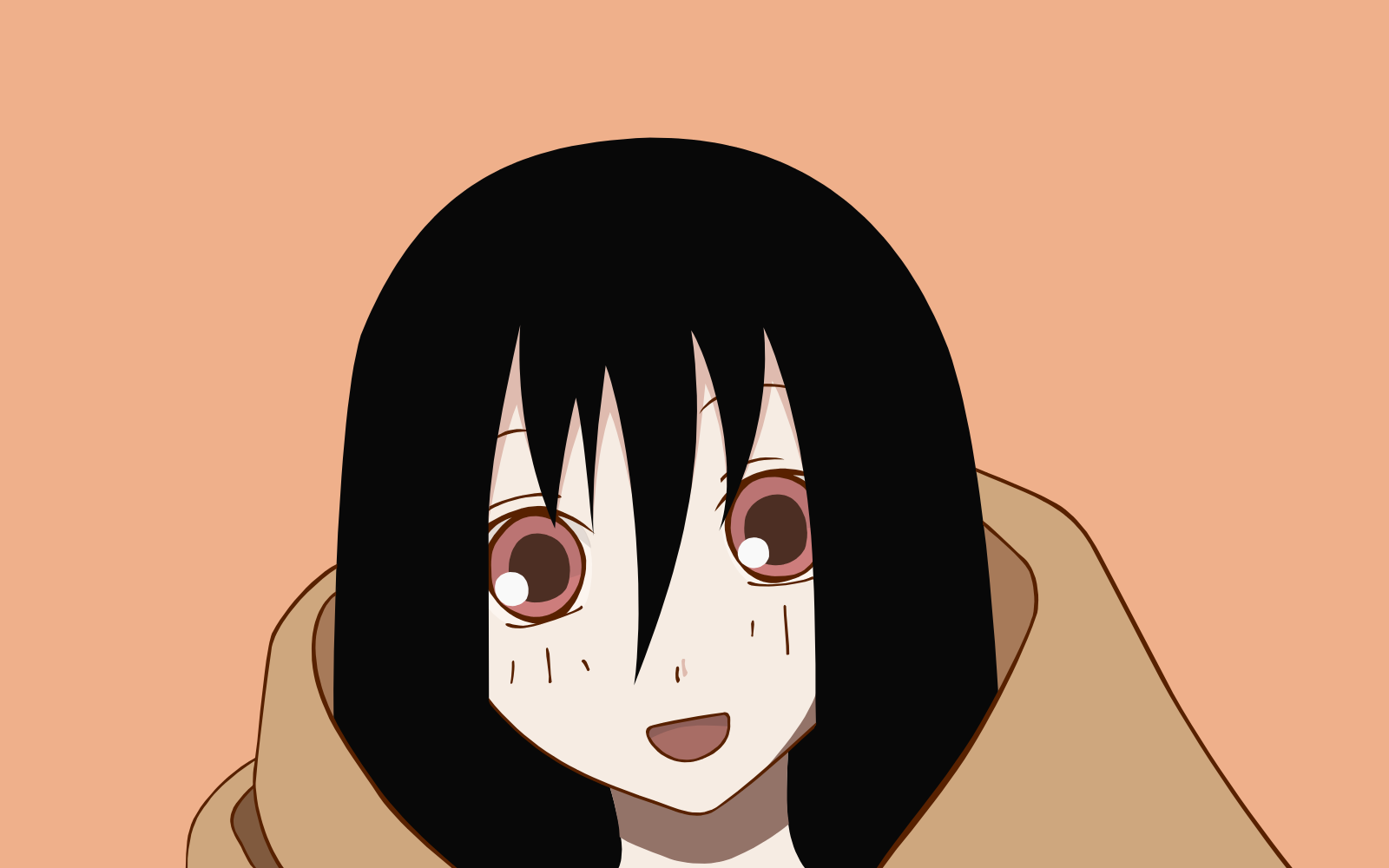 komori kiri, sayonara zetsubou sensei, derivative work, highres, vector trace, 00s, 1girl, :d, black hair, blanket, blush, female focus, hair between eyes, happy, head tilt, long hair, looking at viewer, open mouth, orange background, portrait, simple background, smile, solo