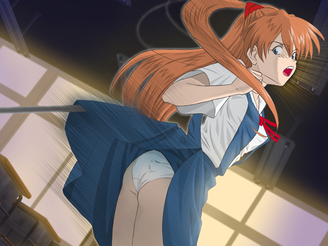 souryuu asuka langley, neon genesis evangelion, game cg, 1girl, female focus, panties, school uniform, serafuku, solo, underwear