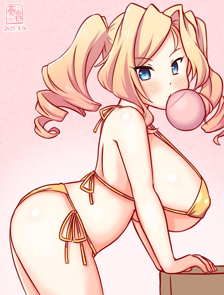 kanon (kurogane knights), honolulu (kancolle), kantai collection, 1girl, alternate costume, artist logo, bikini, blonde hair, blue eyes, breasts, chewing gum, cowboy shot, dated, drill hair, gold bikini, gradient background, hair ornament, large breasts, logo, long hair, looking at viewer, one-hour drawing challenge, pink background, smile, solo, swimsuit, twin drills, twintails
