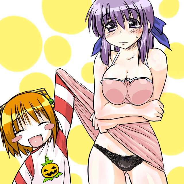 dd (ijigendd), mama-t, nt-tan, waha, yamato suzuran, futaba channel, os-tan, suigetsu, 2girls, ^ ^, black panties, blush, blush stickers, bow, bow panties, breast press, breasts, breasts squeezed together, brown hair, chemise, cleavage, closed eyes, clothes lift, dress, dress lift, embarrassed, fang, hair ribbon, happy, hip focus, lace, large breasts, lingerie, multiple girls, panties, pantyshot, purple eyes, purple hair, ribbon, shirt, shirt lift, short hair, simple background, smile, sweat, tight clothes, tight shirt, underwear, waha skirt lift