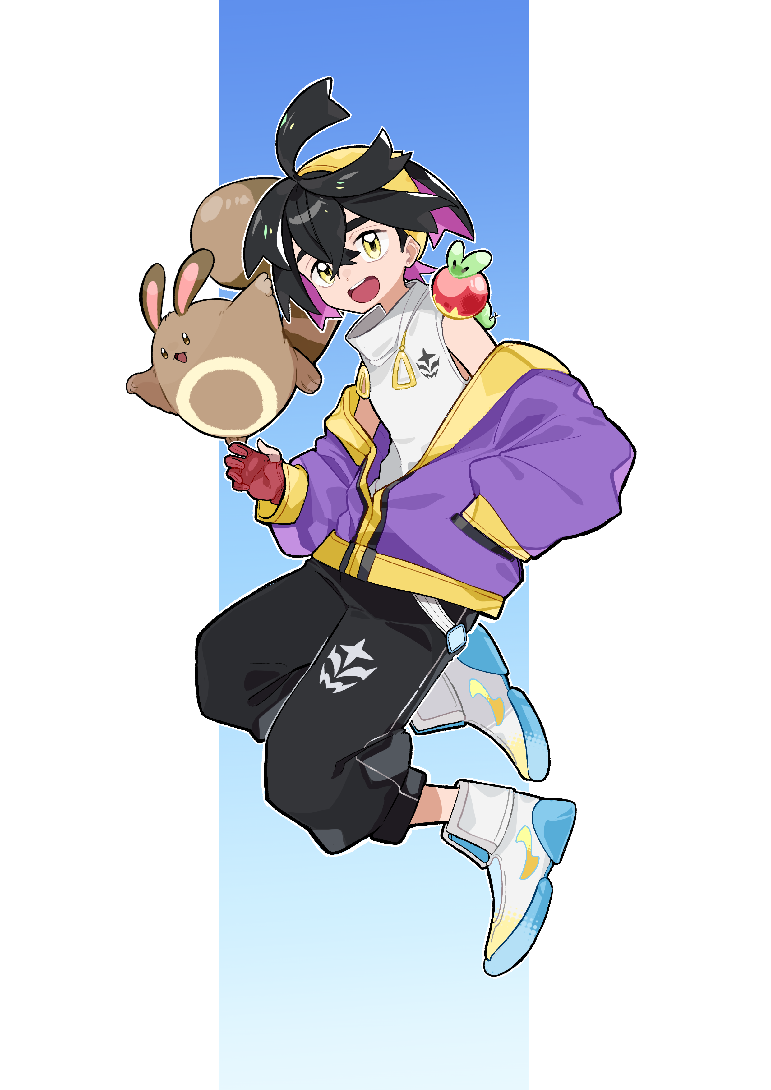 pluffishi, applin, kieran (pokemon), sentret, nintendo, pokemon, pokemon sv, absurdres, commentary request, highres, 1boy, ahoge, alternate costume, black hair, black pants, crossed bangs, gen 2 pokemon, gen 8 pokemon, gloves, hair between eyes, hairband, hand in pocket, jacket, male focus, off shoulder, on shoulder, open mouth, pants, partially fingerless gloves, pokemon (creature), pokemon on shoulder, purple jacket, red gloves, shirt, shoes, teeth, upper teeth only, white shirt, white shoes, yellow eyes, yellow hairband