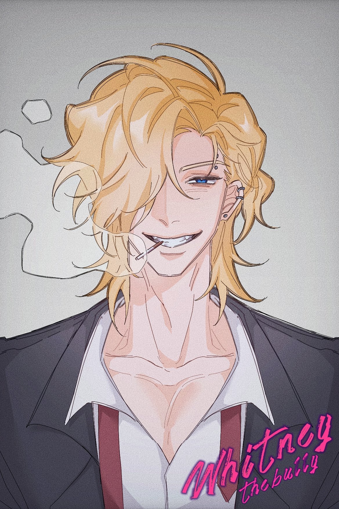 whitney (degrees of lewdity), whitney (male) (degrees of lewdity), degrees of lewdity, highres, 1boy, black jacket, character name, earrings, english text, eyebrow piercing, face piercing, grey background, hair over one eye, jacket, jewelry, long hair, looking at viewer, mbao218, necktie, open clothes, open jacket, piercing, portrait, red necktie, shirt, simple background, smoking, solo, undone necktie, white shirt