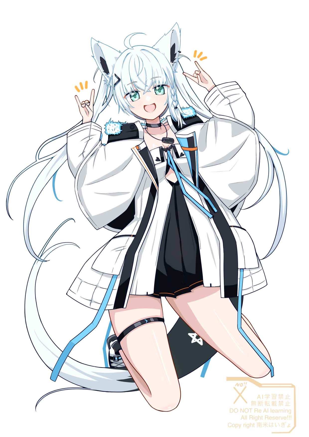 higyohigyo, shirakami fubuki, shirakami fubuki (fubukitek), hololive, hololive gamers, highres, 1girl, ahoge, animal ear fluff, animal ear piercing, animal ears, braid, collarbone, double fox shadow puppet, dress, fox ears, fox girl, fox shadow puppet, fox tail, green eyes, jacket, long hair, long sleeves, looking at viewer, official alternate costume, official alternate hairstyle, open mouth, pentagram, side braid, smile, solo, tail, thigh strap, very long hair, virtual youtuber, white dress, white hair, white jacket