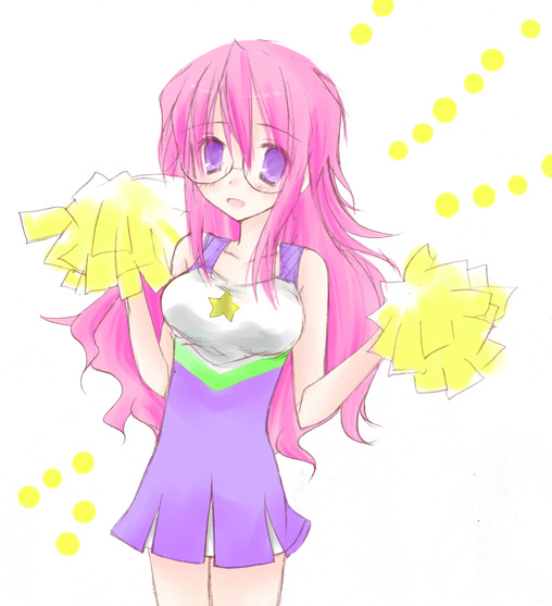 shima hinako, takara miyuki, lucky star, 00s, 1girl, bare shoulders, breasts, cheerleader, collarbone, dress, female focus, glasses, hair between eyes, large breasts, long hair, looking at viewer, pink hair, pom pom (cheerleading), purple dress, purple eyes, rimless eyewear, simple background, solo, standing, star (symbol), very long hair, white background