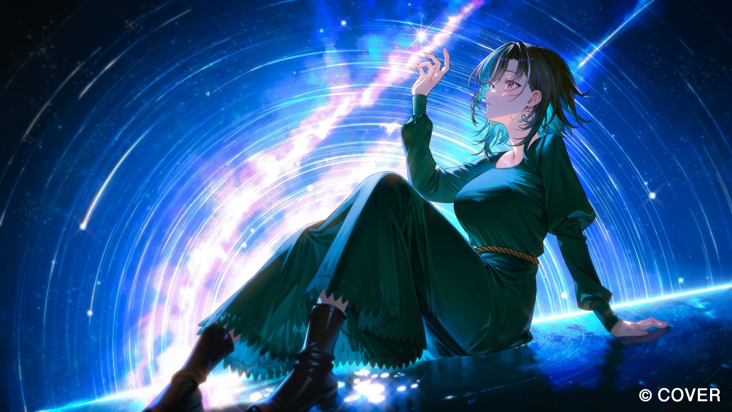 eigoni, rindo chihaya, hololive, hololive dev is, commentary request, official art, 1girl, alternate costume, aqua hair, arm support, arrow (symbol), black boots, black hair, boots, braid, braided bangs, breasts, colored inner hair, copyright notice, dress, from side, green dress, hand up, juliet sleeves, large breasts, long dress, long sleeves, looking up, medium hair, milky way, multicolored hair, puffy sleeves, purple hair, red eyes, solo, star (sky), streaked hair, virtual youtuber, white hair