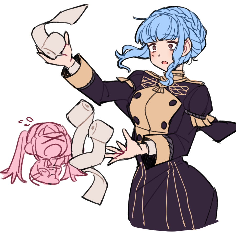 do m kaeru, hilda valentine goneril, marianne von edmund, fire emblem, fire emblem: three houses, nintendo, 2girls, bags under eyes, blue hair, blush, braid, breasts, brown eyes, chibi, closed eyes, crown braid, flying sweatdrops, garreg mach monastery uniform, grey background, holding, long hair, long sleeves, medium breasts, multiple girls, open mouth, short hair, sidelocks, simple background, sweatdrop, toilet paper, twintails