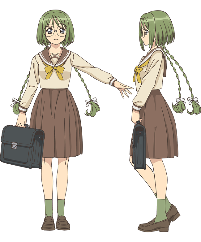 ishino satoshi, midorikawa lettuce, tokyo mew mew, tokyo mew mew new, official art, 2girls, anime coloring, bag, black bag, braid, breasts, brown serafuku, brown shoes, brown skirt, closed mouth, from side, full body, glasses, green hair, green socks, grey eyes, holding, holding bag, large breasts, loafers, long hair, looking at viewer, multiple girls, multiple views, neckerchief, open hand, outstretched arm, pleated skirt, profile, sailor collar, school uniform, serafuku, shoes, simple background, skirt, smile, socks, standing, transparent background, twin braids, yellow neckerchief