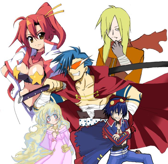 kamina (ttgl), nia teppelin, simon (ttgl), viral (ttgl), yoko littner, tengen toppa gurren lagann, tagme, 00s, 2girls, 3boys, aged up, blonde hair, blue hair, cape, dress, kamina shades, multicolored hair, multiple boys, multiple girls, red hair, smile, sword, symbol-shaped pupils, weapon, yellow eyes