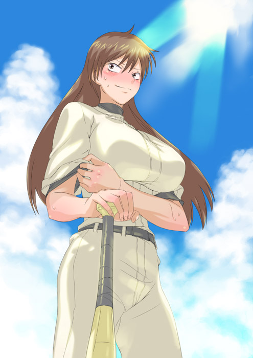 princess spirit, momoe maria, ookiku furikabutte, 00s, 1girl, baseball bat, baseball uniform, blue sky, blush, breasts, brown eyes, brown hair, cloud, day, female focus, huge breasts, long hair, sky, solo, sportswear, sweat