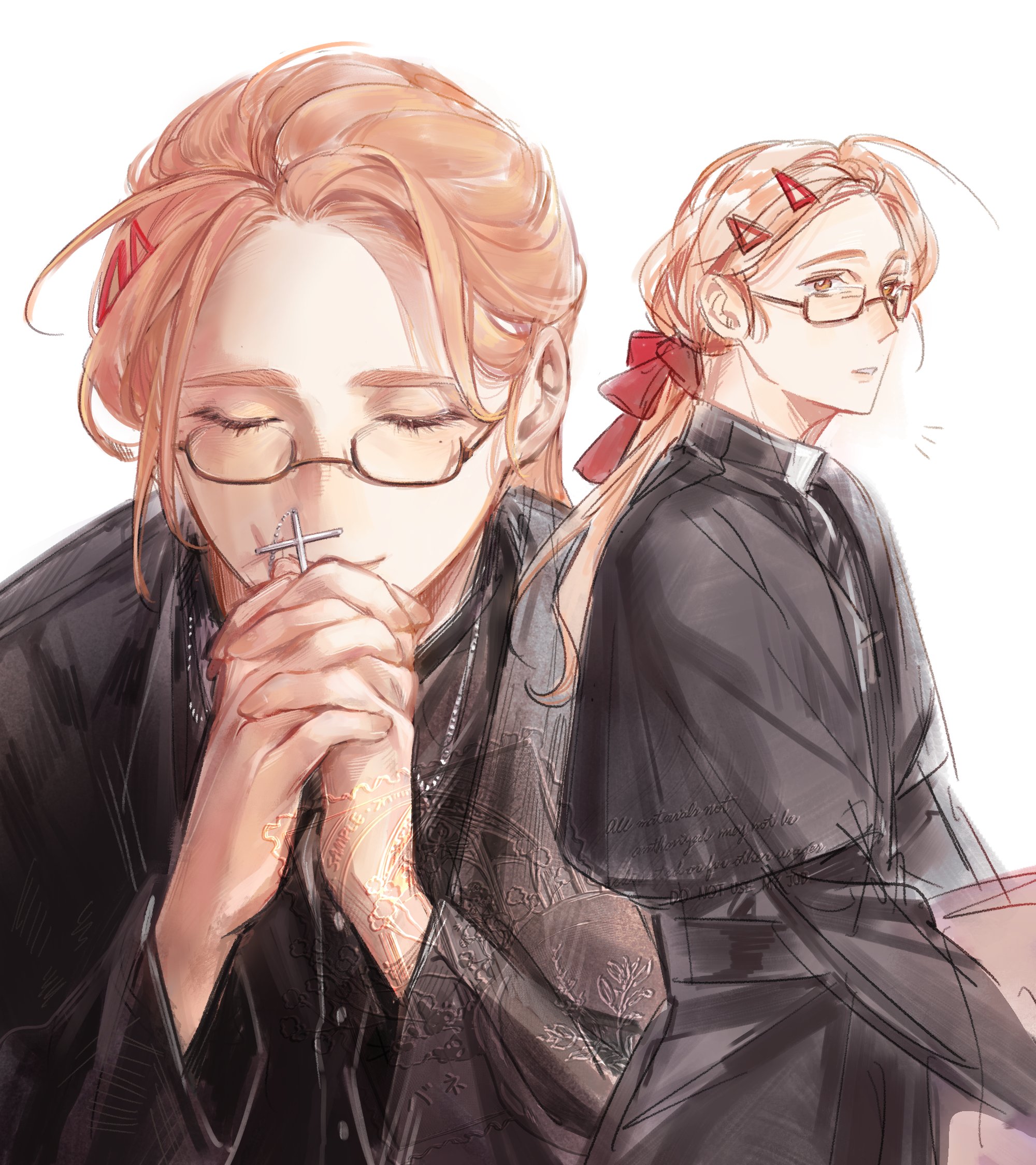 sydney (degrees of lewdity), sydney (male) (degrees of lewdity), degrees of lewdity, highres, 1boy, bane meni0512, brown eyes, brown hair, closed eyes, cross, cross necklace, glasses, holding, holding cross, jewelry, long hair, multiple views, necklace, praying, priest, simple background, watermark, white background