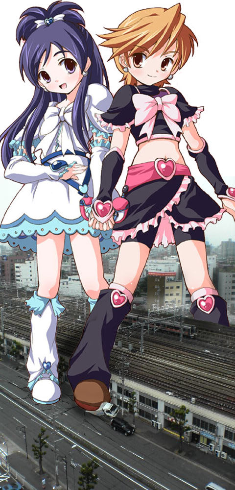 cure black, cure white, misumi nagisa, yukishiro honoka, futari wa precure, precure, 00s, giant, giantess, multiple giantesses, shop