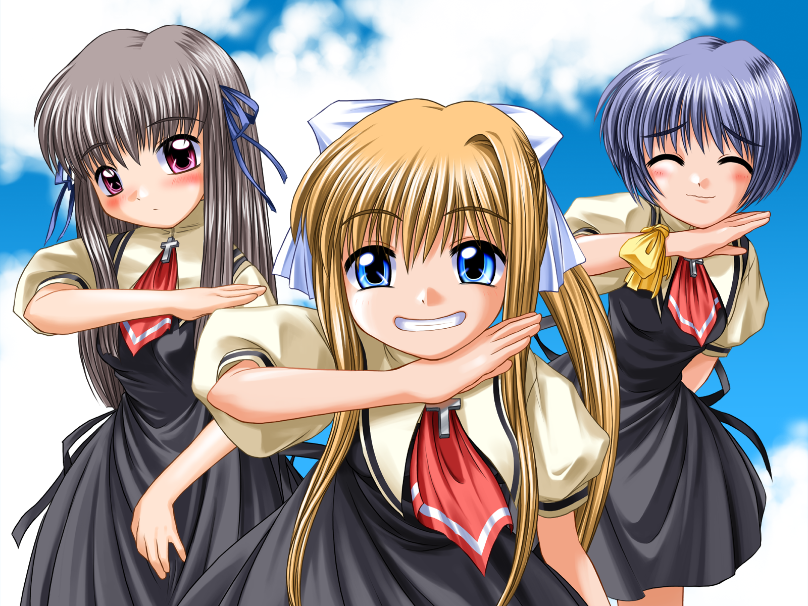 kamio misuzu, kirishima kano, toono minagi, air (visual novel), silver hair, artist request, highres, 00s, 3girls, blonde hair, blue eyes, blue hair, blush, bow, closed eyes, cloud, cross, grin, hair bow, hair ribbon, long hair, multiple girls, pink eyes, ribbon, school uniform, short hair, sky, smile