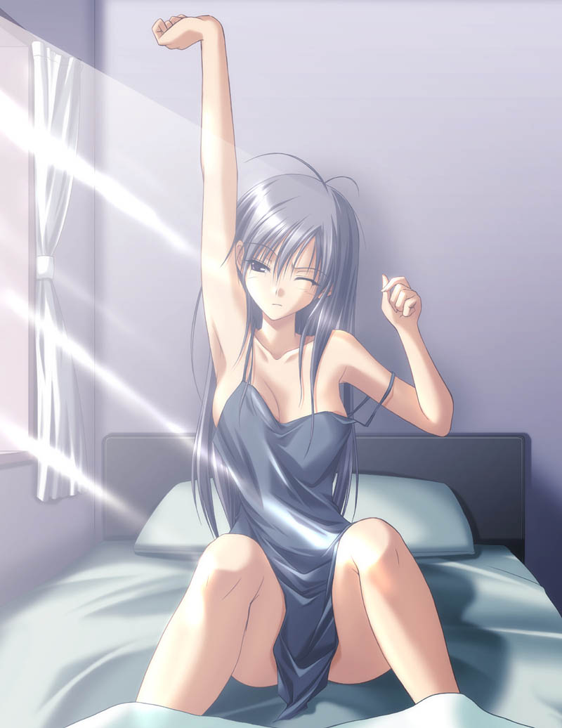 takepon, original, 1girl, armpits, bed, chemise, curtains, female focus, light rays, lingerie, negligee, one eye closed, pajamas, purple eyes, purple hair, sleepy, solo, strap slip, stretching, sunbeam, sunlight, underwear, wink
