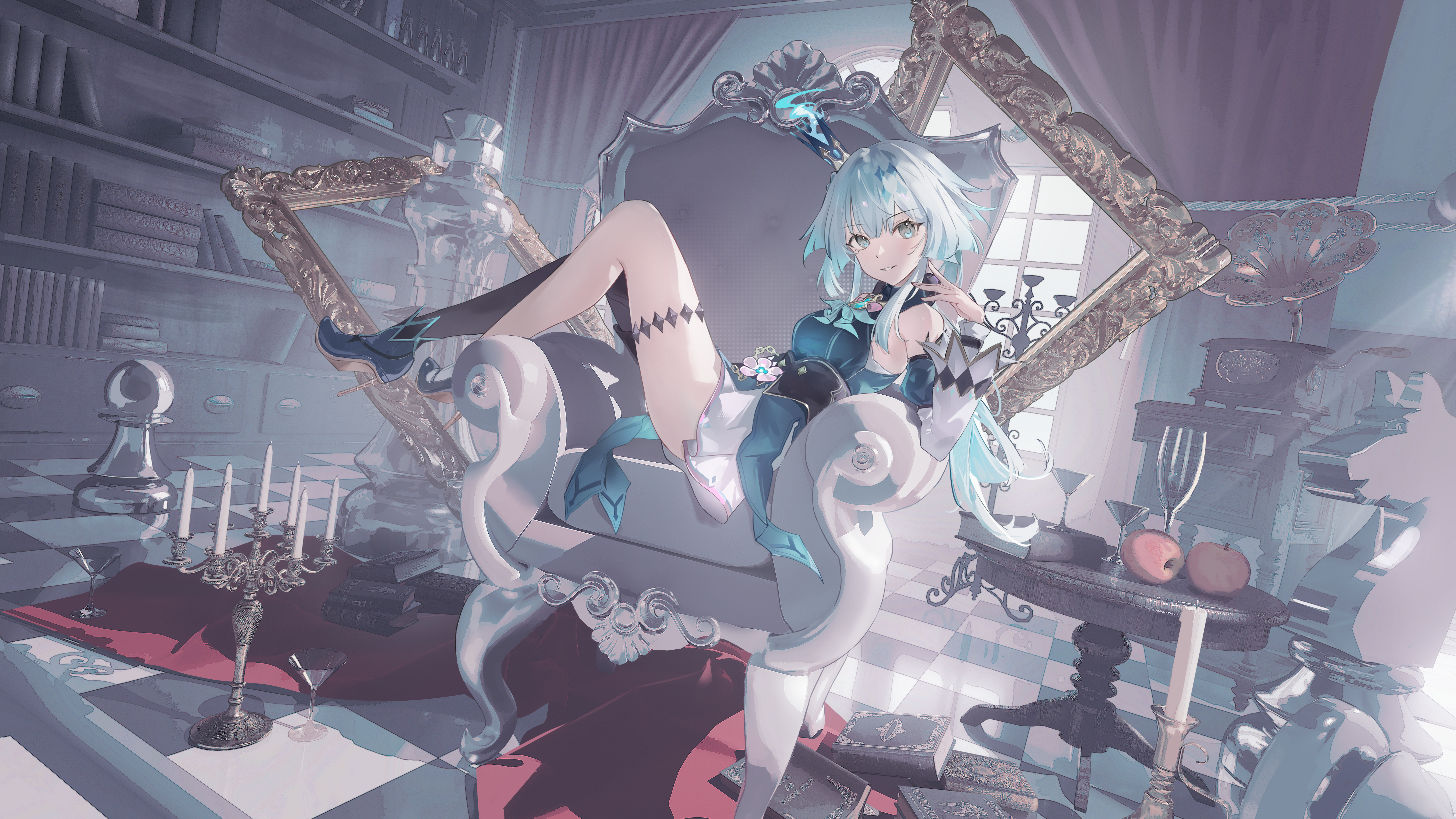 varlyn, cerydra (honkai: star rail), honkai: star rail, honkai (series), absurdres, commentary request, highres, 1girl, asymmetrical footwear, asymmetrical legwear, black thighhighs, blue dress, blue eyes, blue hair, breasts, couch, crown, cup, curtains, detached sleeves, dress, food, fruit, glass, indoors, long hair, long sleeves, looking at viewer, mini crown, mismatched footwear, mismatched legwear, on couch, parted lips, single thighhigh, sitting, small breasts, smile, solo, thighhighs, very long hair, window