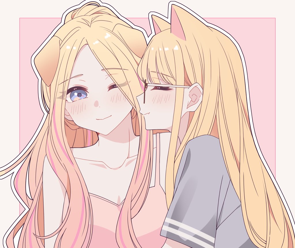 kousaka 0v0, fujita kotone, juo sena, gakuen idolmaster, idolmaster, commentary, 2girls, animal ears, blonde hair, blush, camisole, cat ears, closed eyes, closed mouth, collarbone, dog ears, glasses, grey shirt, kemonomimi mode, long hair, multiple girls, one eye closed, pink camisole, pink streaks, purple eyes, shirt, short sleeves, smile, upper body, yuri