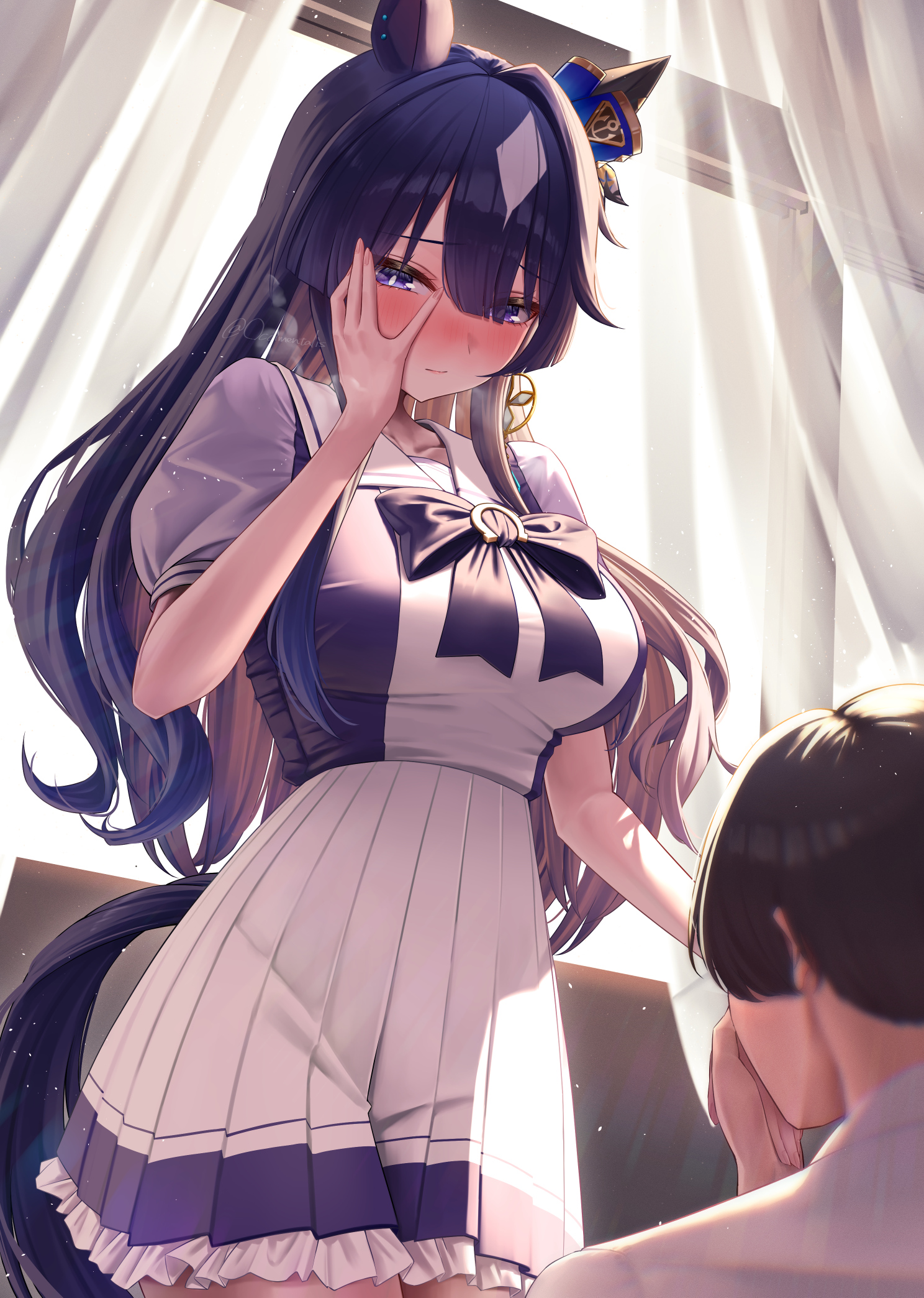 menchi rishio, verxina (umamusume), umamusume, commentary request, highres, 1boy, 1girl, animal ears, blue eyes, blue hair, blush, bow, bowtie, breasts, ear ornament, embarrassed, frilled skirt, frills, hand on own cheek, hand on own face, horse ears, horse girl, horse tail, indoors, kiss, kissing hand, large breasts, light particles, long hair, looking at viewer, nose blush, pleated skirt, puffy short sleeves, puffy sleeves, purple bow, purple bowtie, purple shirt, school uniform, shirt, short sleeves, single hair intake, skirt, tail, tracen school uniform, white skirt