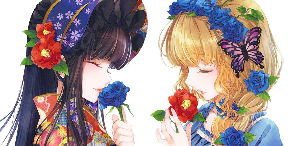 namanie, 2girls, black hair, blonde hair, blue flower, blue rose, bug, butterfly, flower, hair flower, hair ornament, insect, japanese clothes, kimono, multiple girls, rose