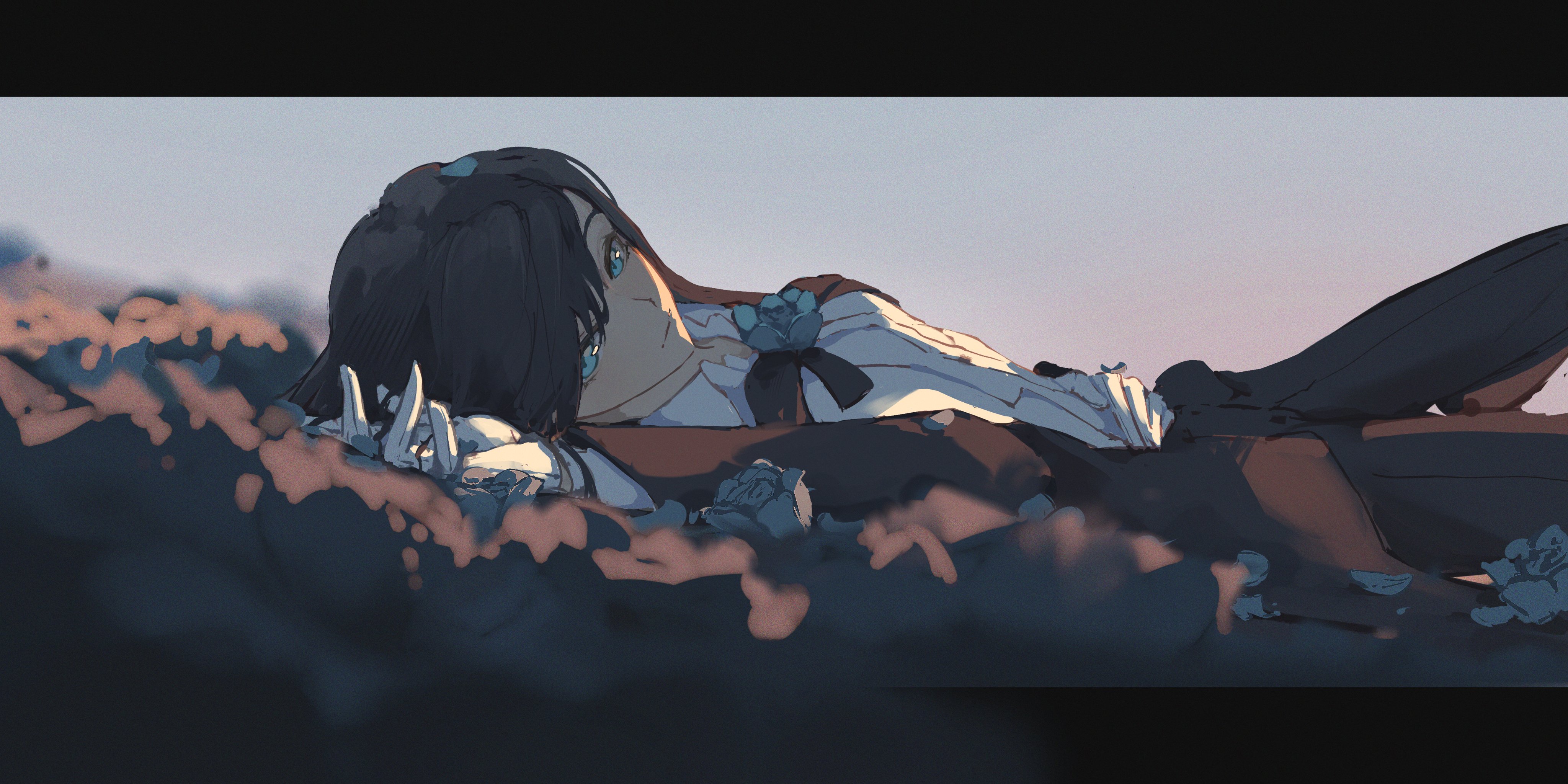 eien 001, chando (ado), ado (utaite), absurdres, commentary, hashtag-only commentary, highres, 1girl, black coat, black hair, black pants, blue eyes, coat, gloves, letterboxed, lying, on back, open clothes, open coat, outside border, pants, shirt, solo, utaite, white gloves, white shirt