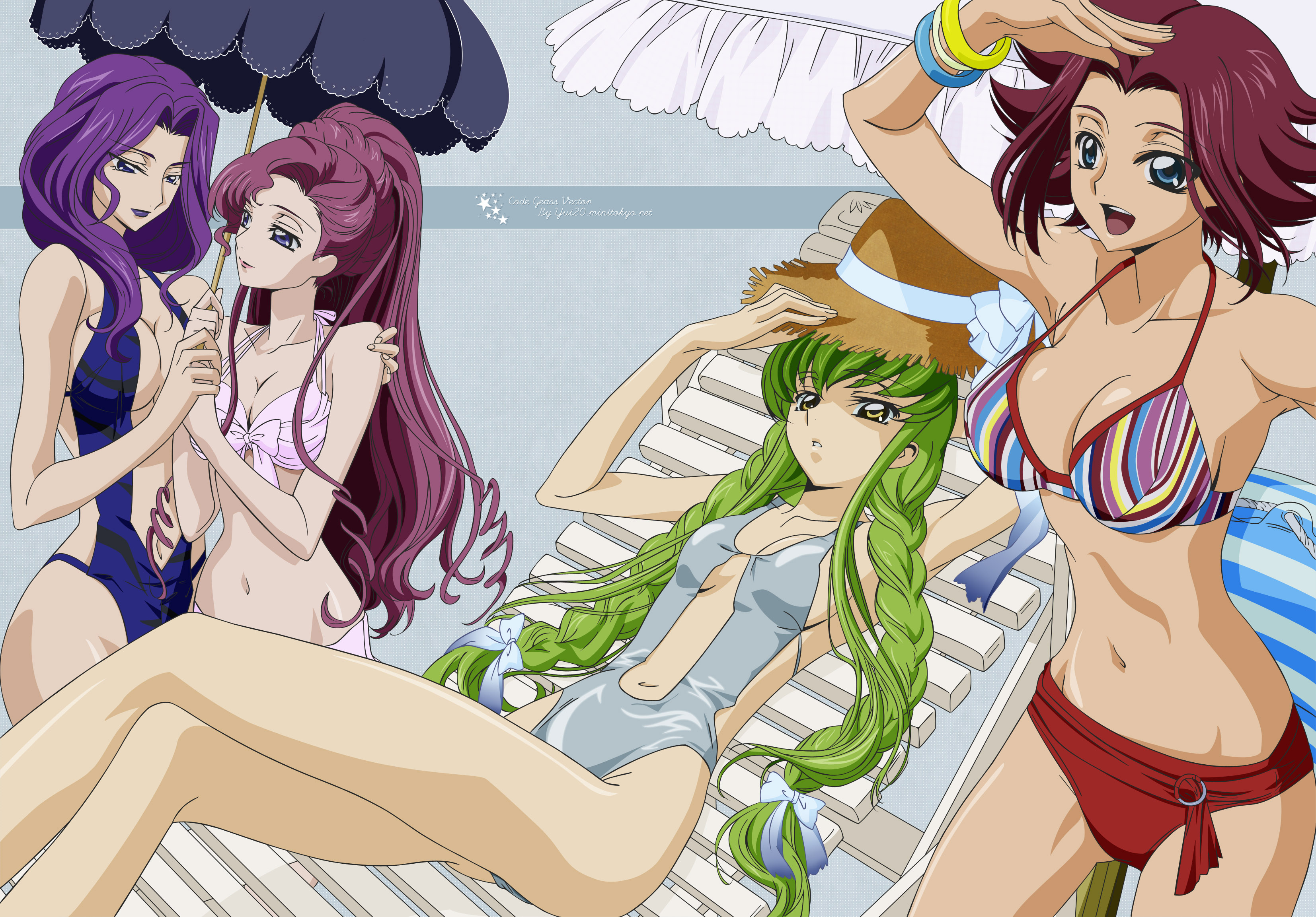 c.c., cornelia li britannia, euphemia li britannia, kouzuki kallen, code geass, absurdres, highres, 00s, swimsuit