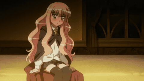 louise francoise le blanc de la valliere, zero no tsukaima, screencap, animated, animated gif, lowres, 00s, bed, blush, cape, embarrassed, long hair, pink hair, sitting, thighhighs