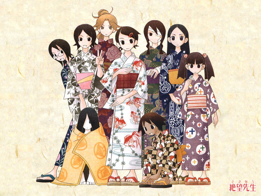 fujiyoshi harumi, fuura kafuka, hitou nami, kimura kaere, kitsu chiri, kobushi abiru, komori kiri, otonashi meru, sekiutsu maria tarou, sayonara zetsubou sensei, 00s, 6+girls, bandage over one eye, bandages, blanket, japanese clothes, kimono, multiple girls, parted bangs