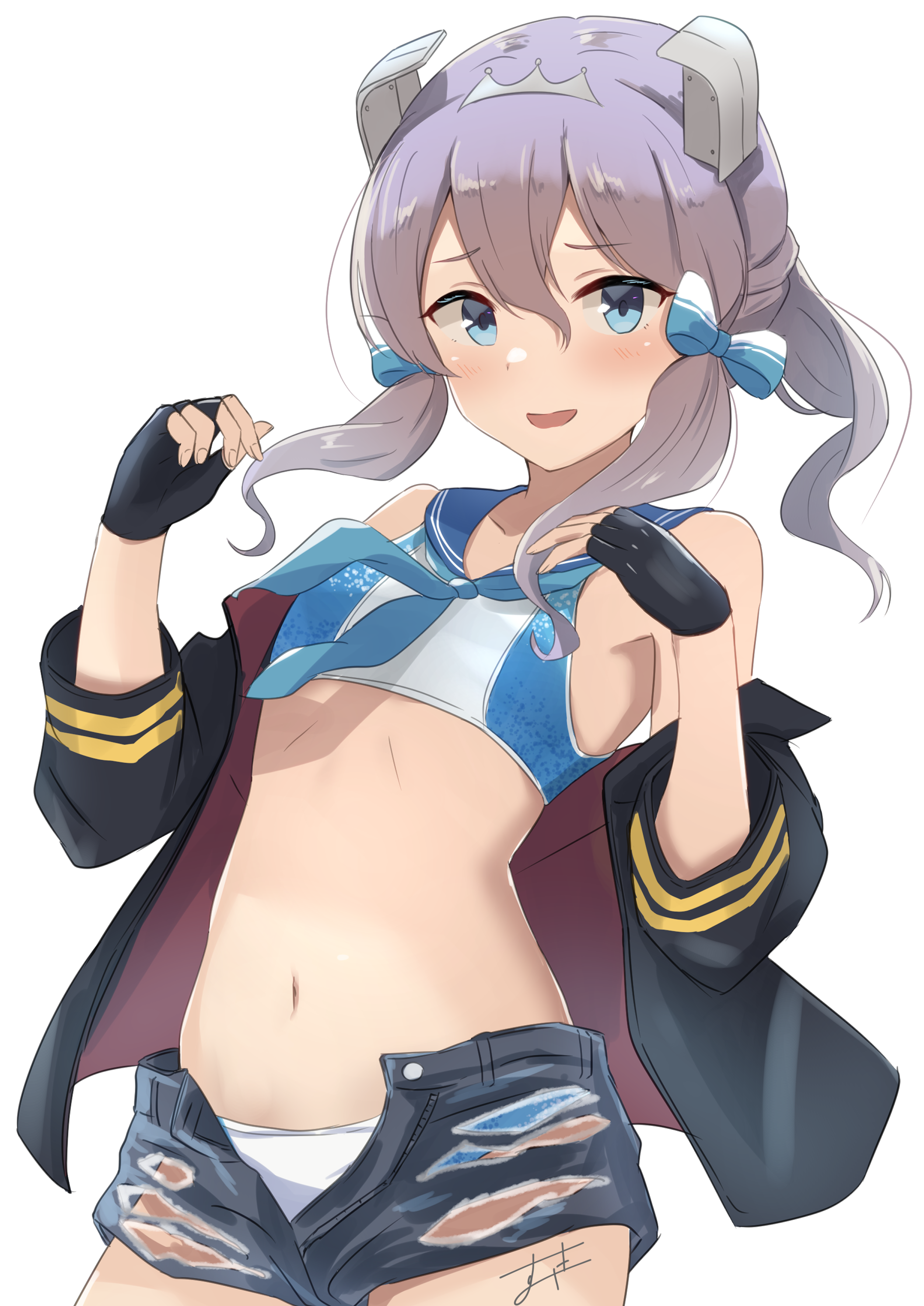 sukimizaki, langley (kancolle), kantai collection, absurdres, highres, 1girl, bikini, black gloves, blue eyes, breasts, fingerless gloves, gloves, jacket, navel, sailor collar, simple background, small breasts, solo, swimsuit, white background