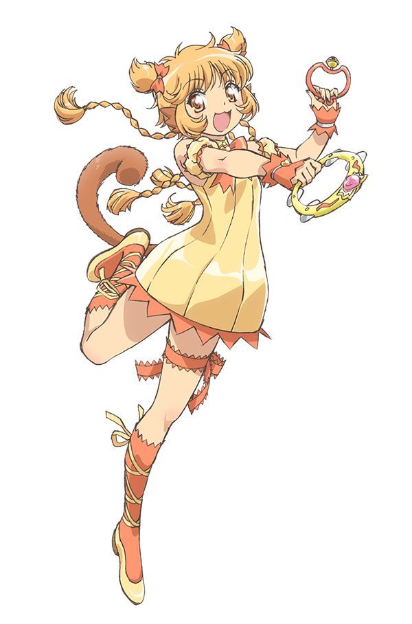 ishino satoshi, fong pudding, mew pudding, tokyo mew mew, tokyo mew mew new, official art, 1girl, :3, animal ears, anime coloring, arm scrunchie, blonde hair, bow, bowtie, braid, breasts, double bun, dress, fingerless gloves, flat chest, flats, full body, gloves, hair bun, hair ribbon, hands up, holding, holding instrument, instrument, leg up, long hair, looking at viewer, magical girl, monkey tail, open mouth, orange bow, orange eyes, orange gloves, orange ribbon, orange scrunchie, orange socks, outstretched arm, ribbon, scrunchie, shoes, simple background, smile, socks, solo, standing, standing on one leg, tail, tambourine, thigh strap, thighs, transparent background, yellow shoes